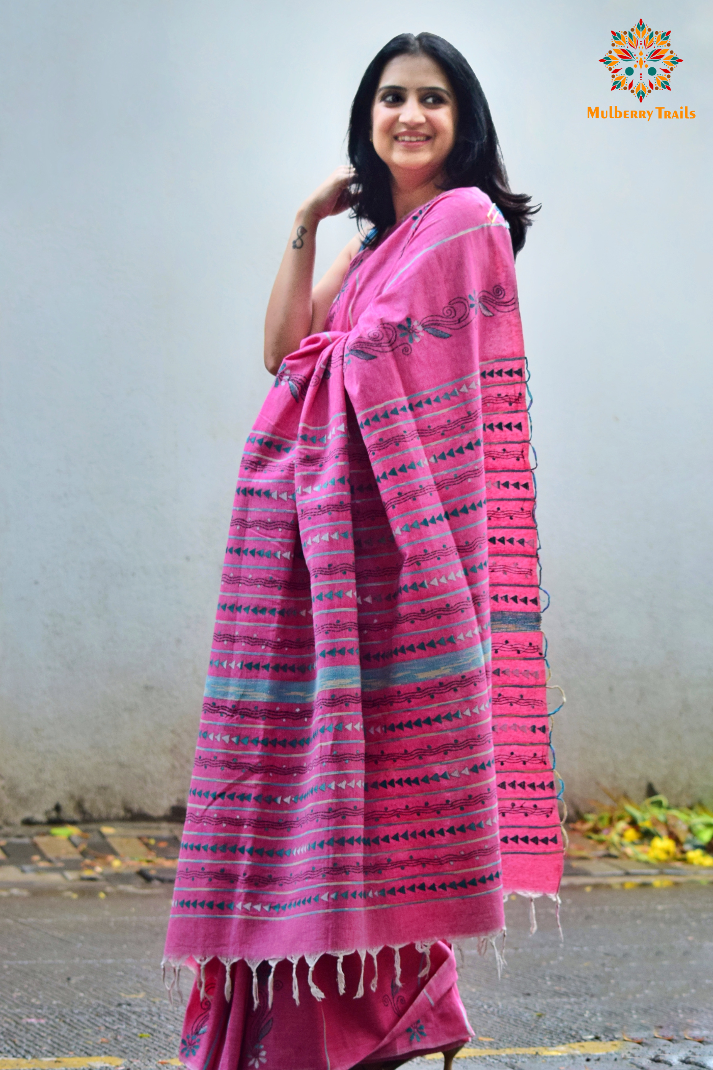 Vipas: Cotton Handloom Saree with Kantha Embroidery