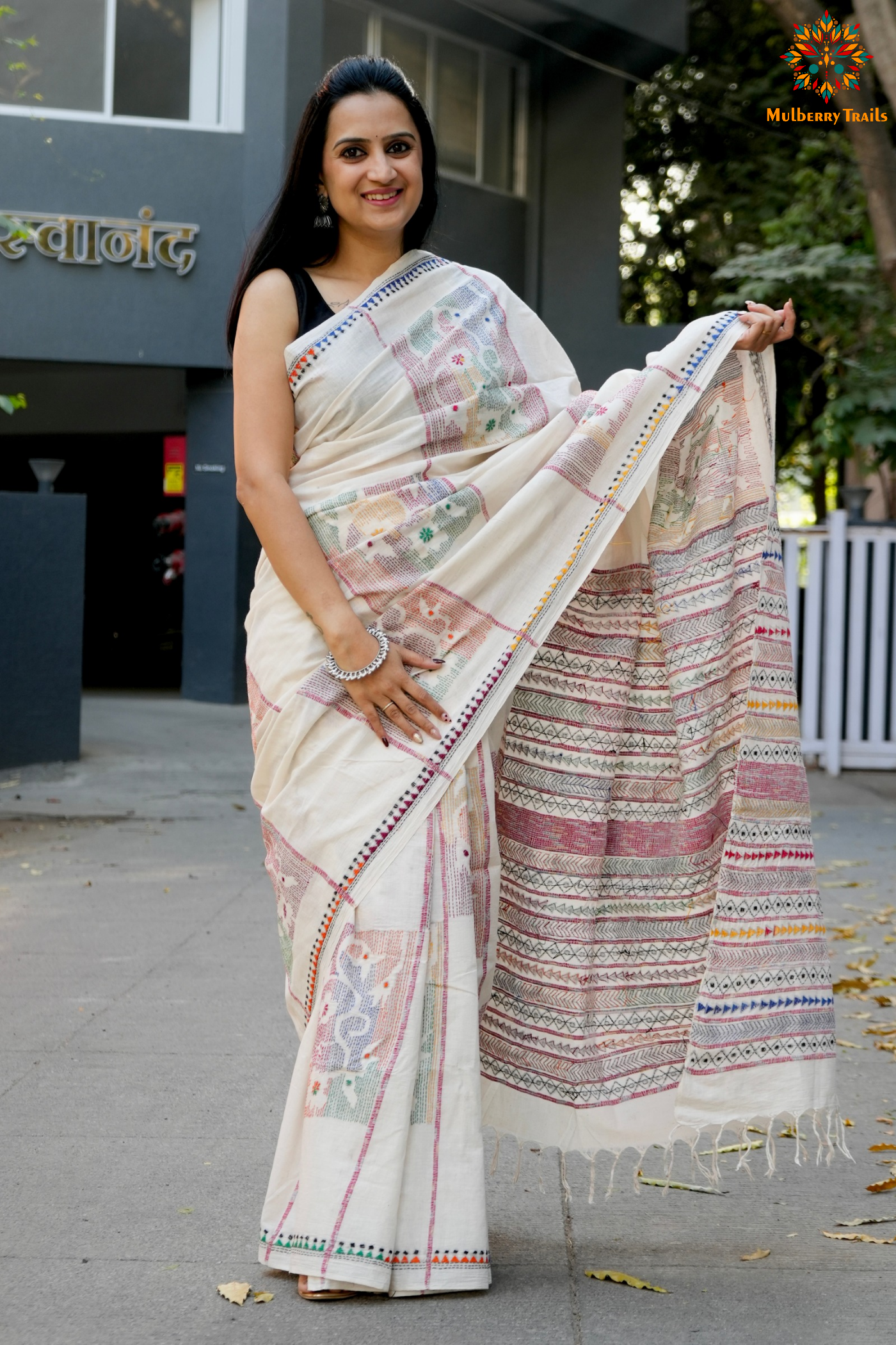 Vipas: Cotton Handloom Saree with Kantha Embroidery