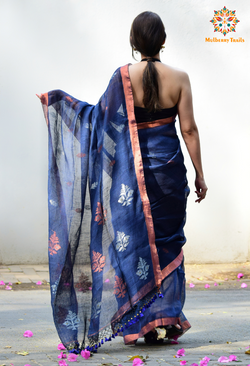 Gautami: Versatile Linen Sarees Navy Blue Copper