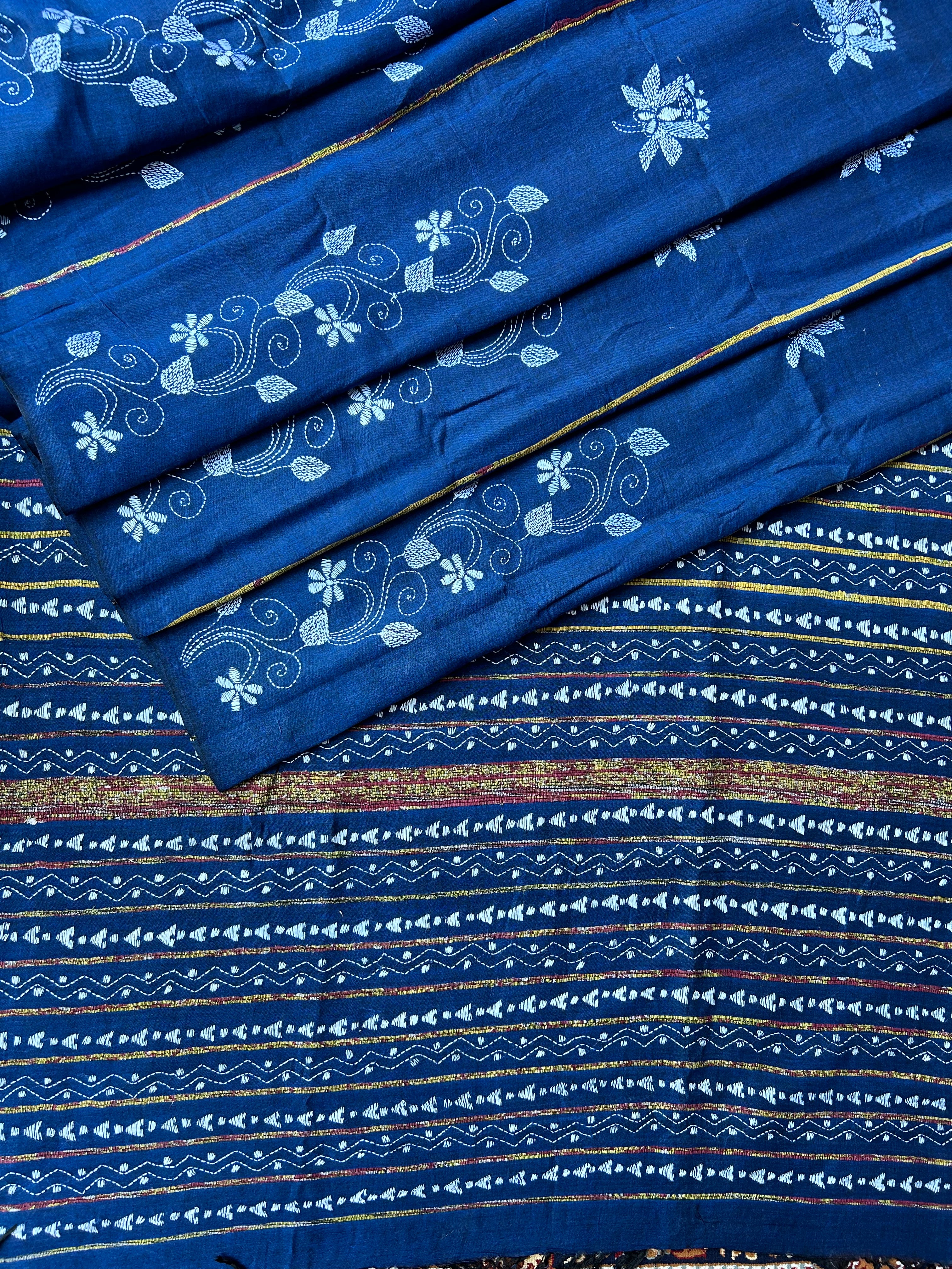 Vipas: Cotton Handloom Saree with Kantha Embroidery