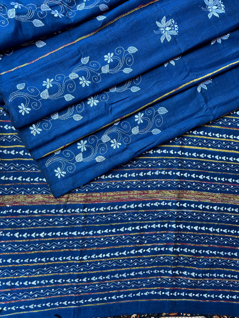 Vipas: Cotton Handloom Saree with Kantha Embroidery