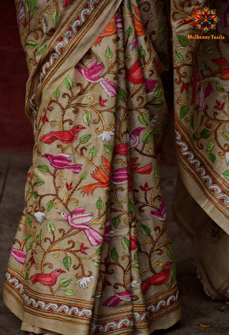 Rima - Pure Ghhachi Tusser Silk Pakhi Embroidery Saree