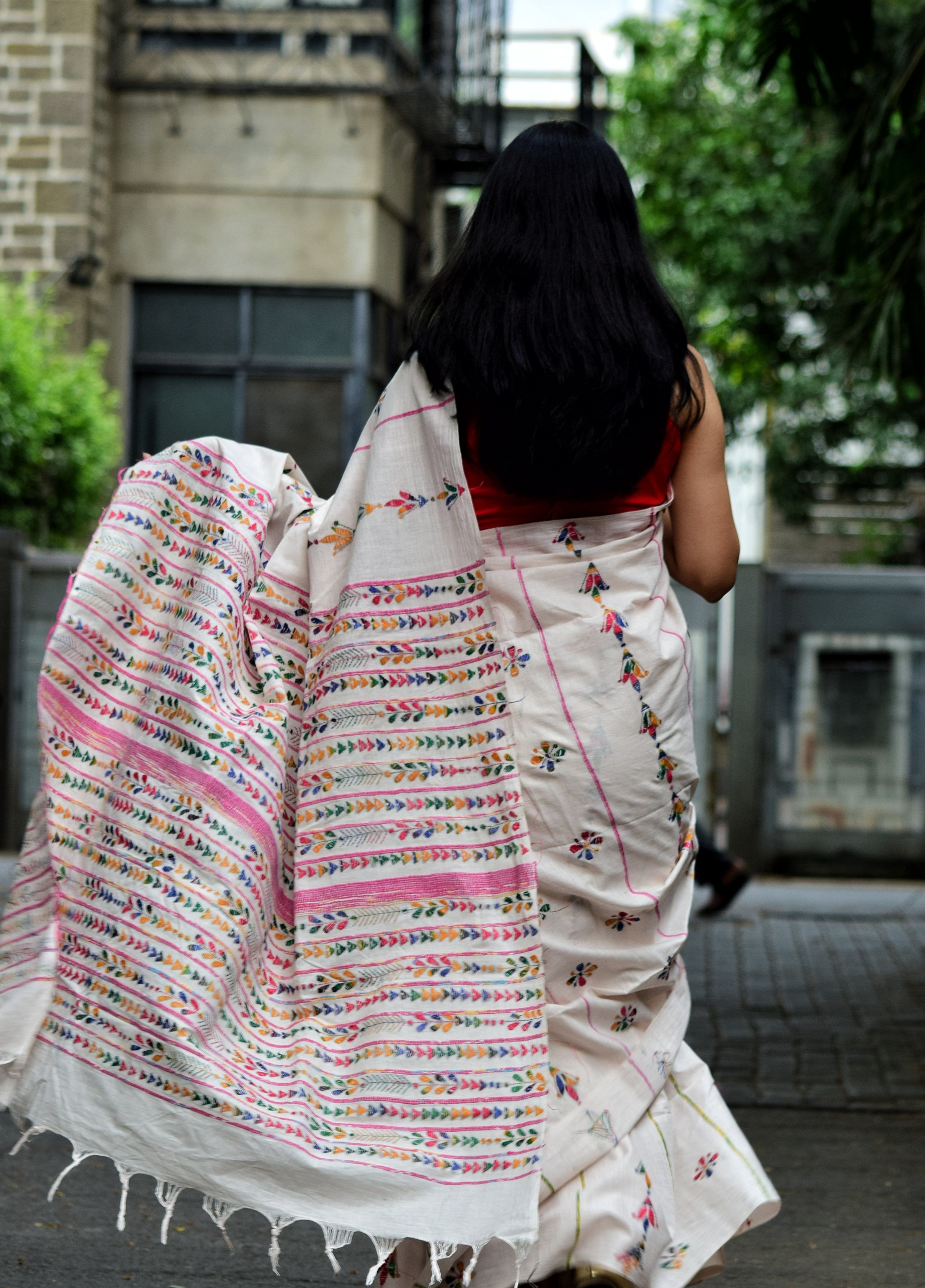 Vipas: Cotton Handloom Saree with Kantha Embroidery