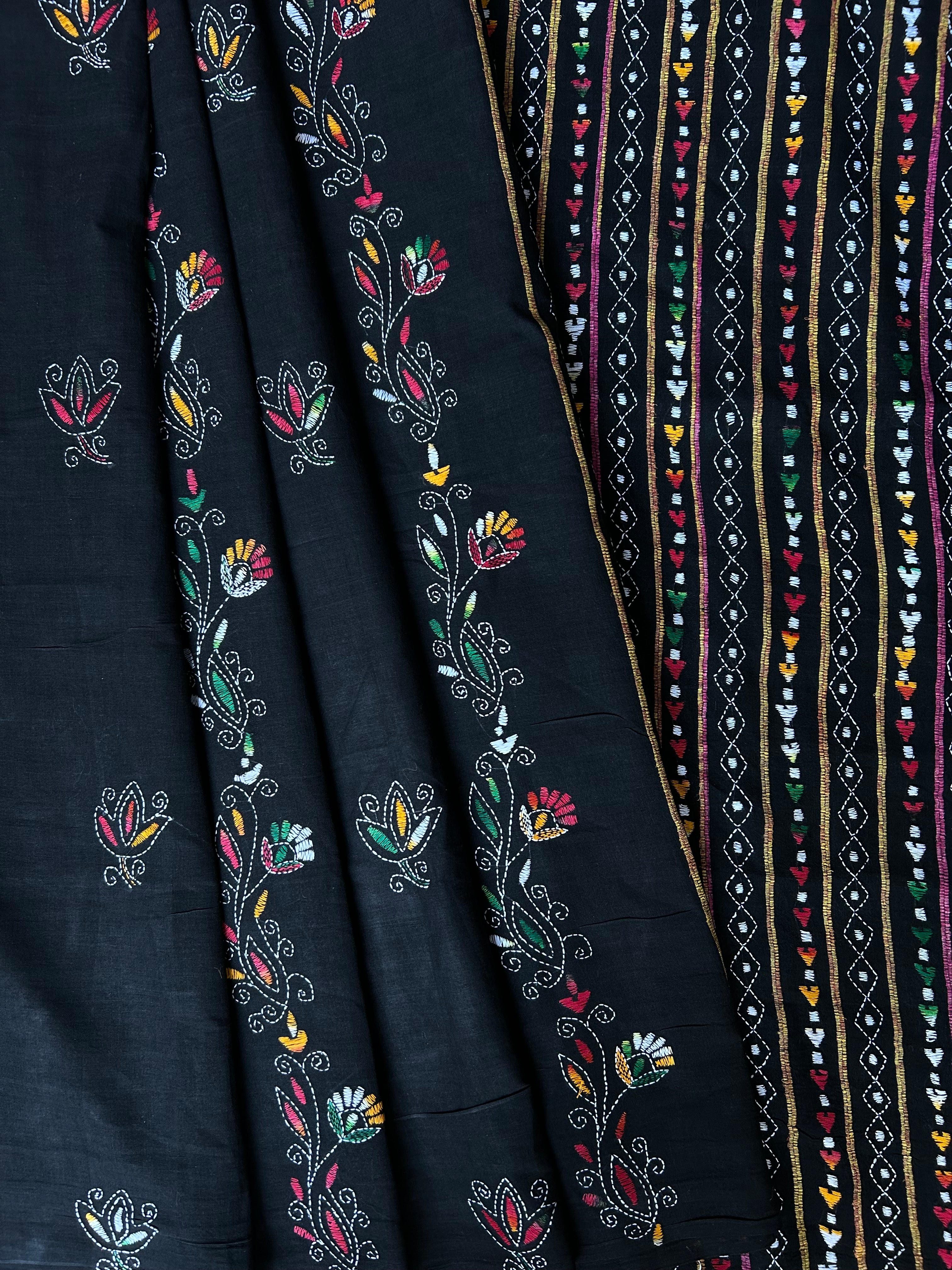 Vipas: Cotton Handloom Saree with Kantha Embroidery - Black