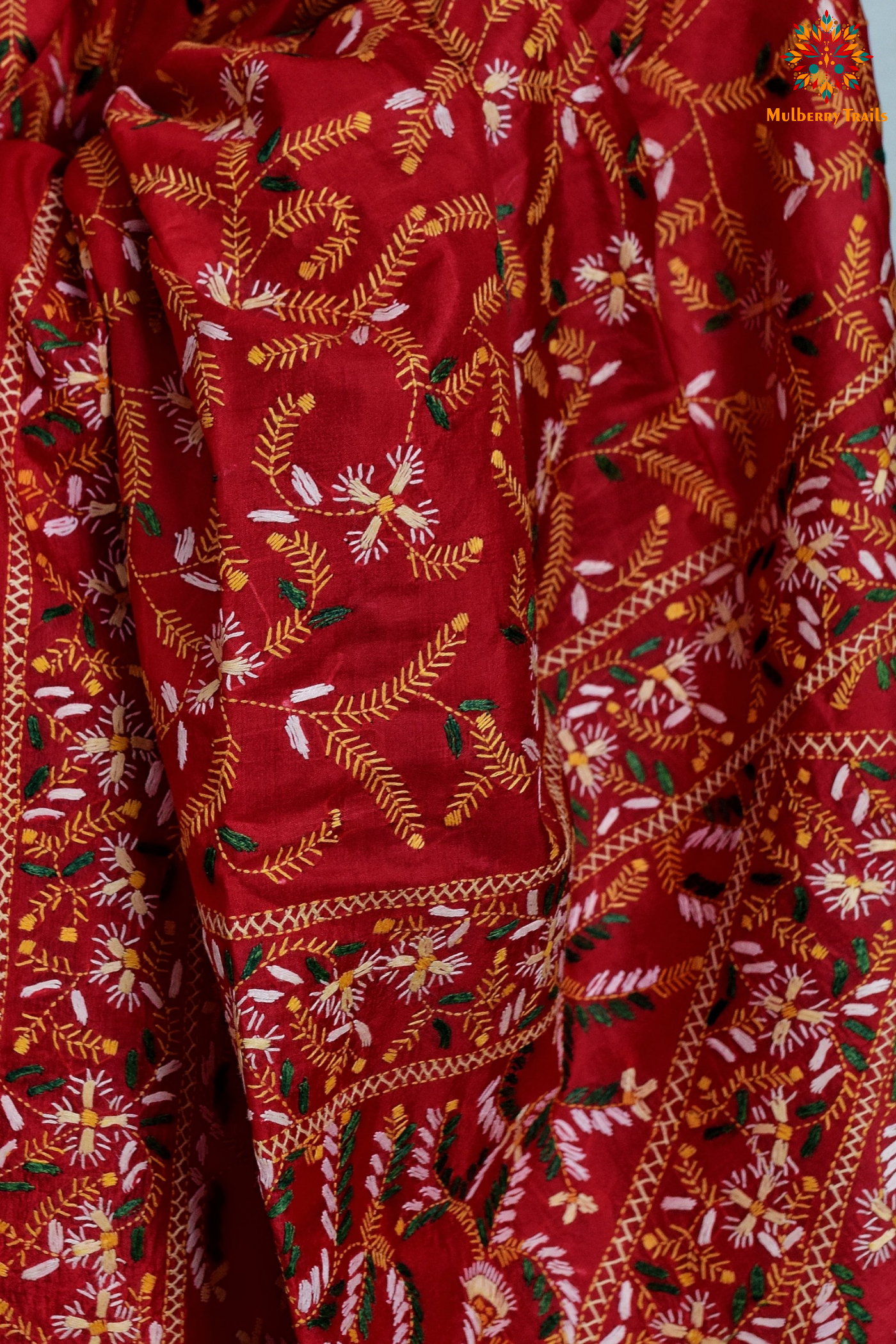 Rima - Tomato Red Silk Saree with floral Embroidery