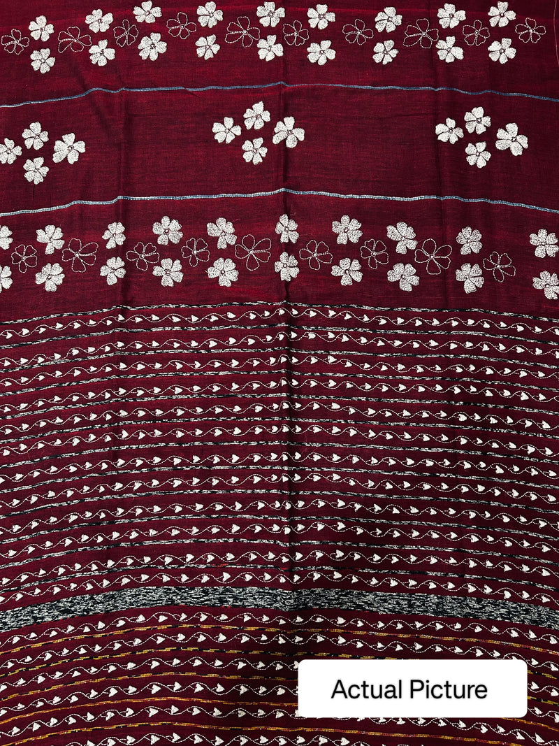 Vipas: Cotton Handloom Saree with Kantha Embroidery