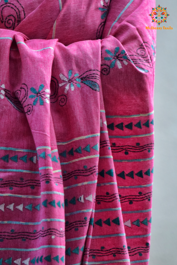 Vipas: Cotton Handloom Saree with Kantha Embroidery