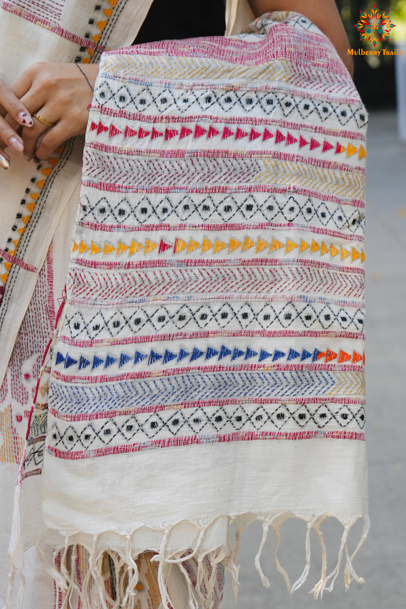 Vipas: Cotton Handloom Saree with Kantha Embroidery