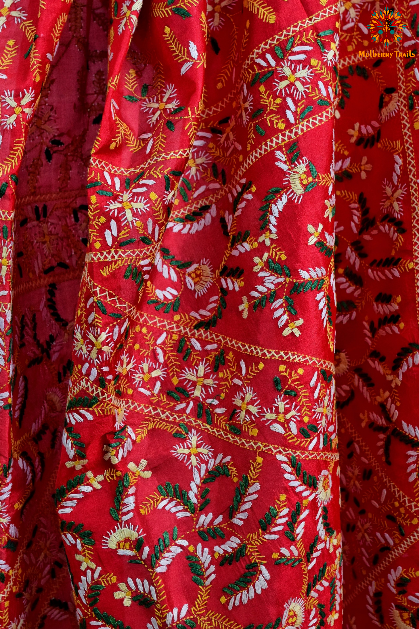 Rima - Tomato Red Silk Saree with floral Embroidery