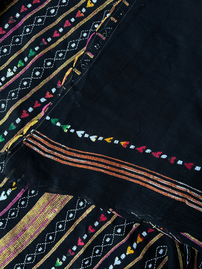 Vipas: Cotton Handloom Saree with Kantha Embroidery - Black