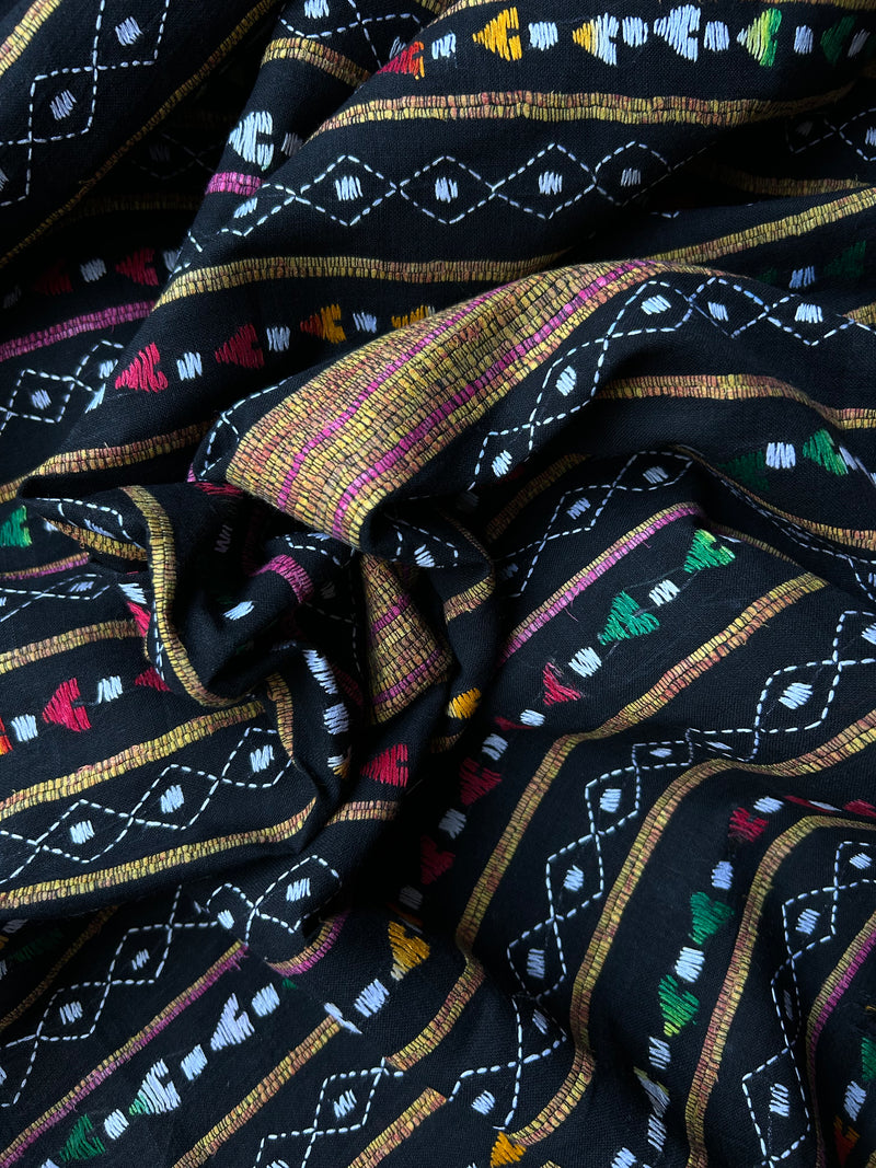 Vipas: Cotton Handloom Saree with Kantha Embroidery - Black