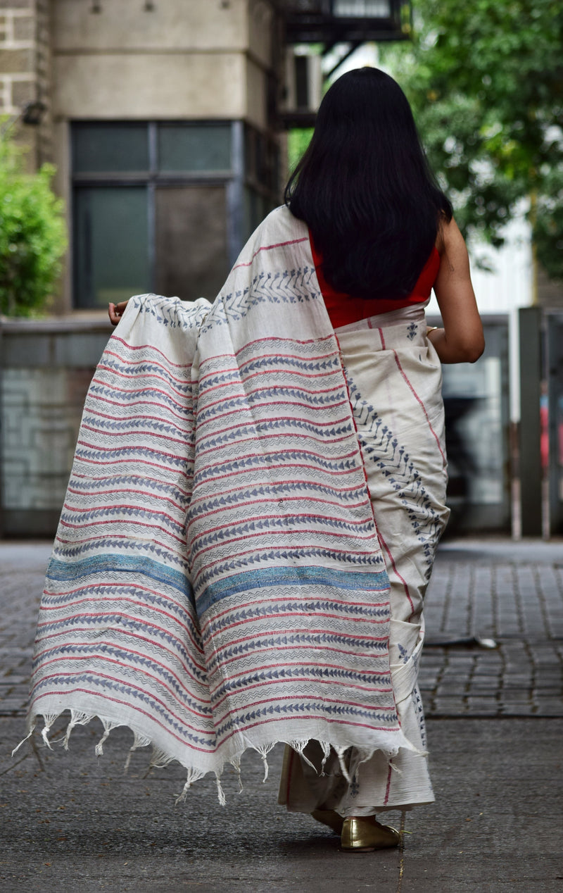 Vipas: Cotton Handloom Saree with Kantha Embroidery