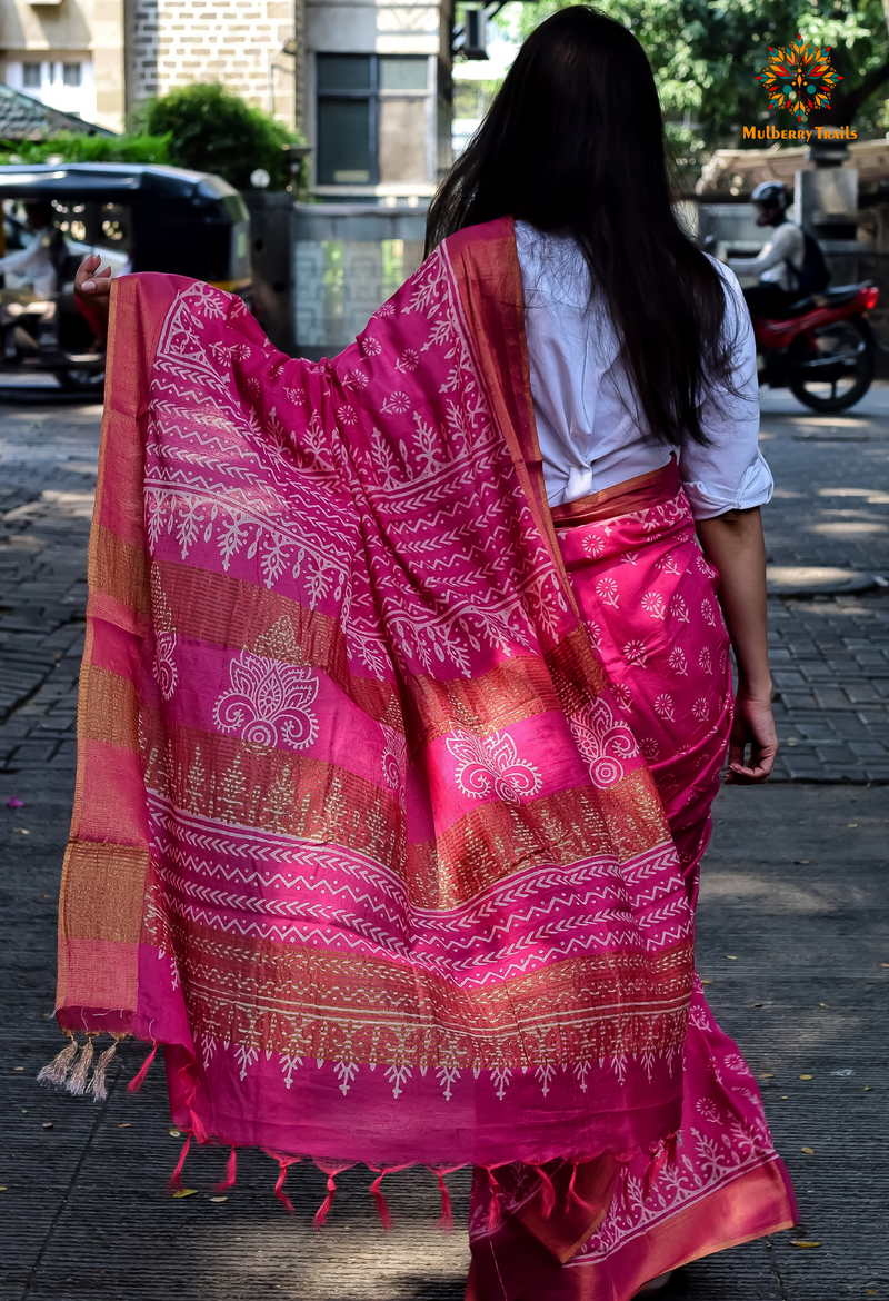 Ipsita: Block printed Cotton Silk Saree- Pink