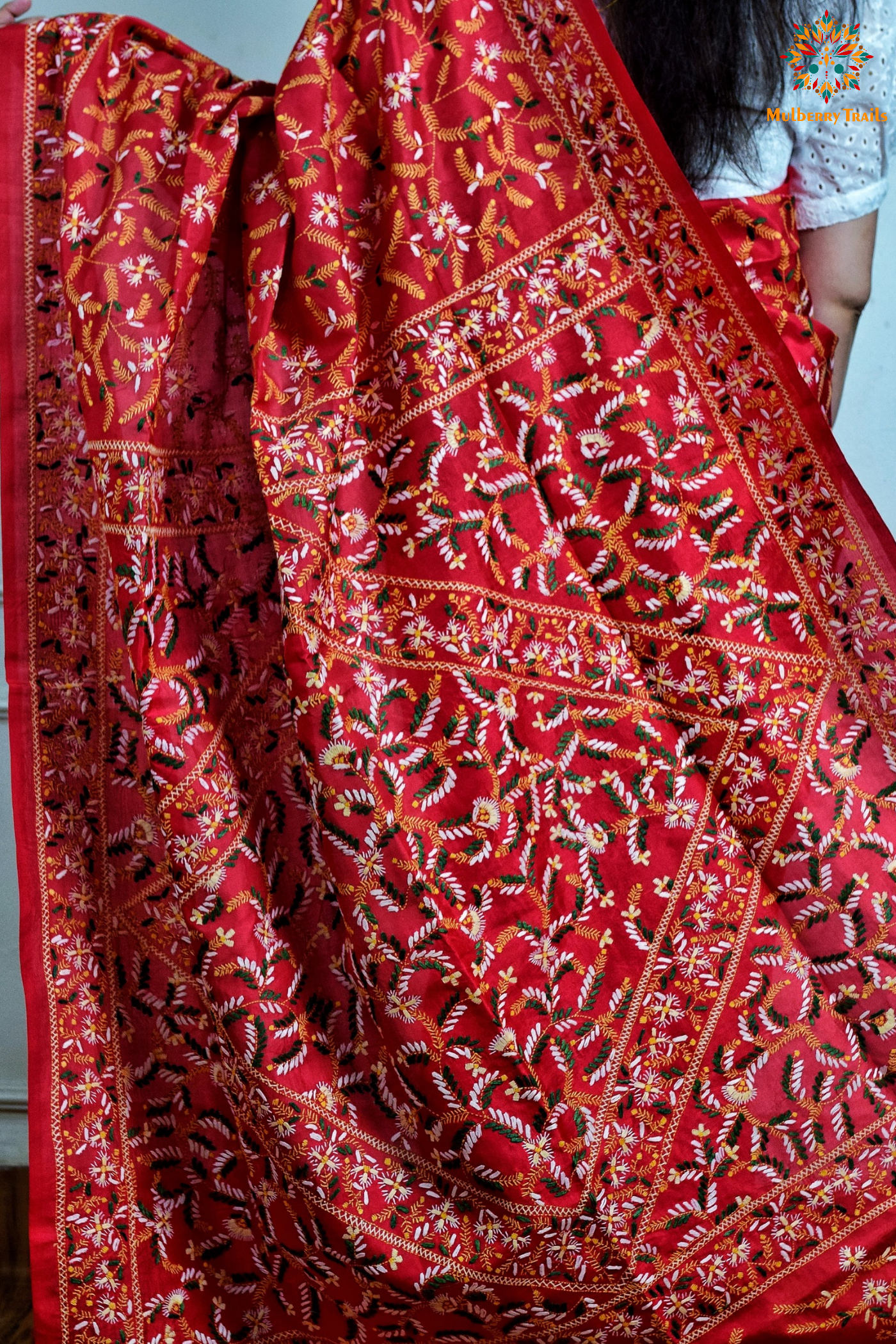 Rima - Tomato Red Silk Saree with floral Embroidery