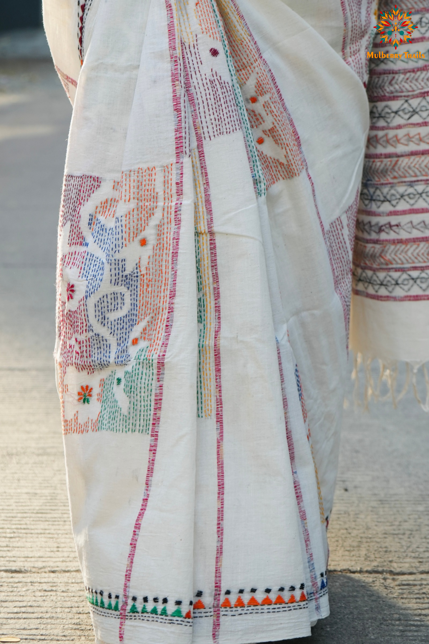 Vipas: Cotton Handloom Saree with Kantha Embroidery