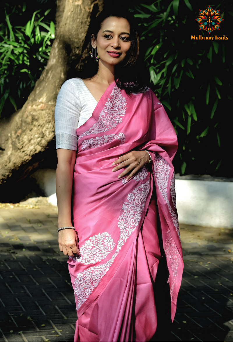 Rima - Bangalore Silk Kantha Embroidery Saree Pink