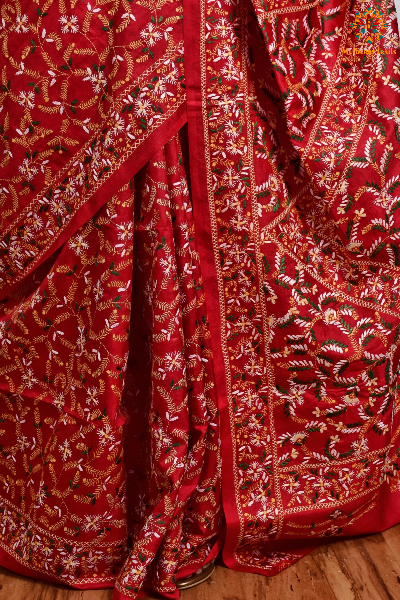 Rima - Tomato Red Silk Saree with floral Embroidery