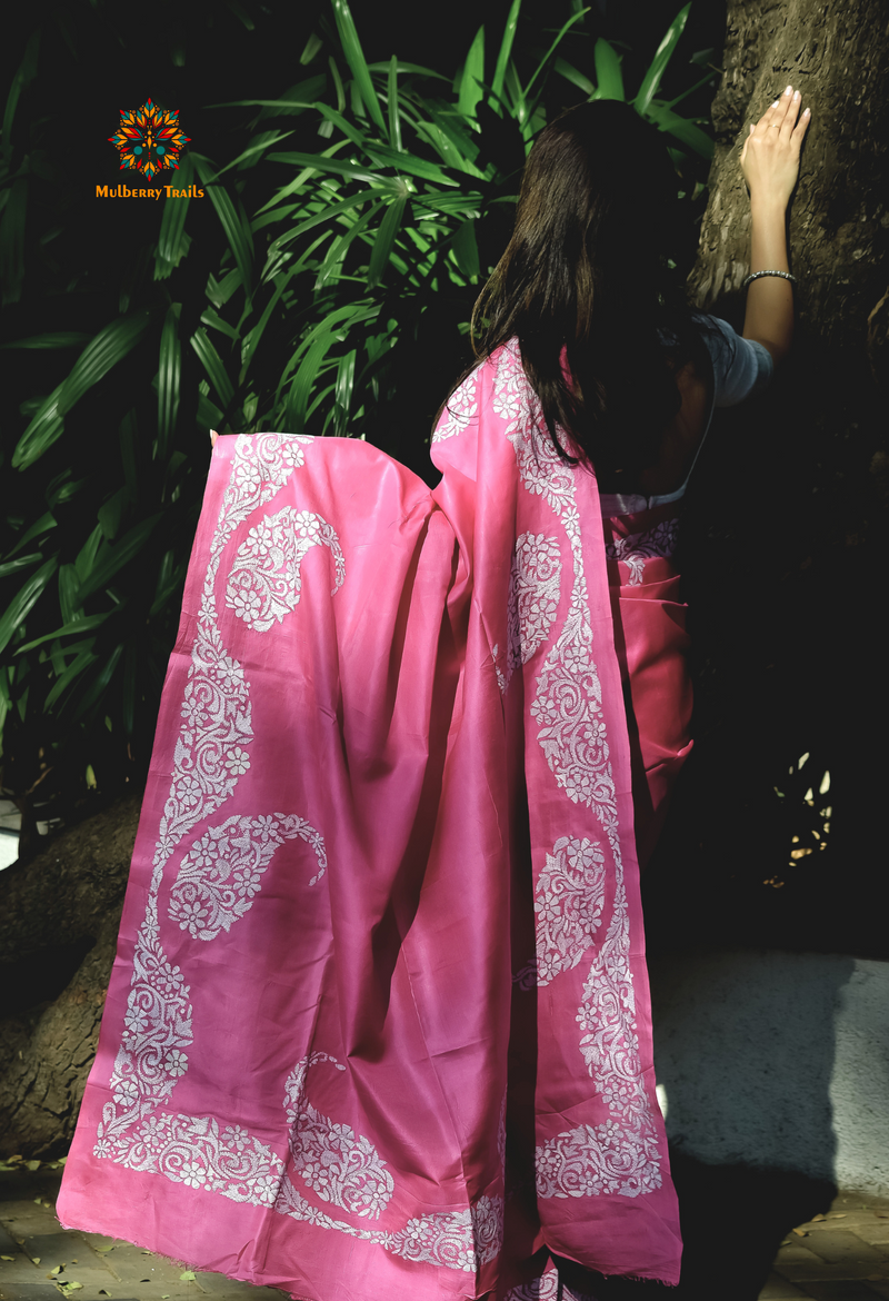 Rima - Bangalore Silk Kantha Embroidery Saree Pink