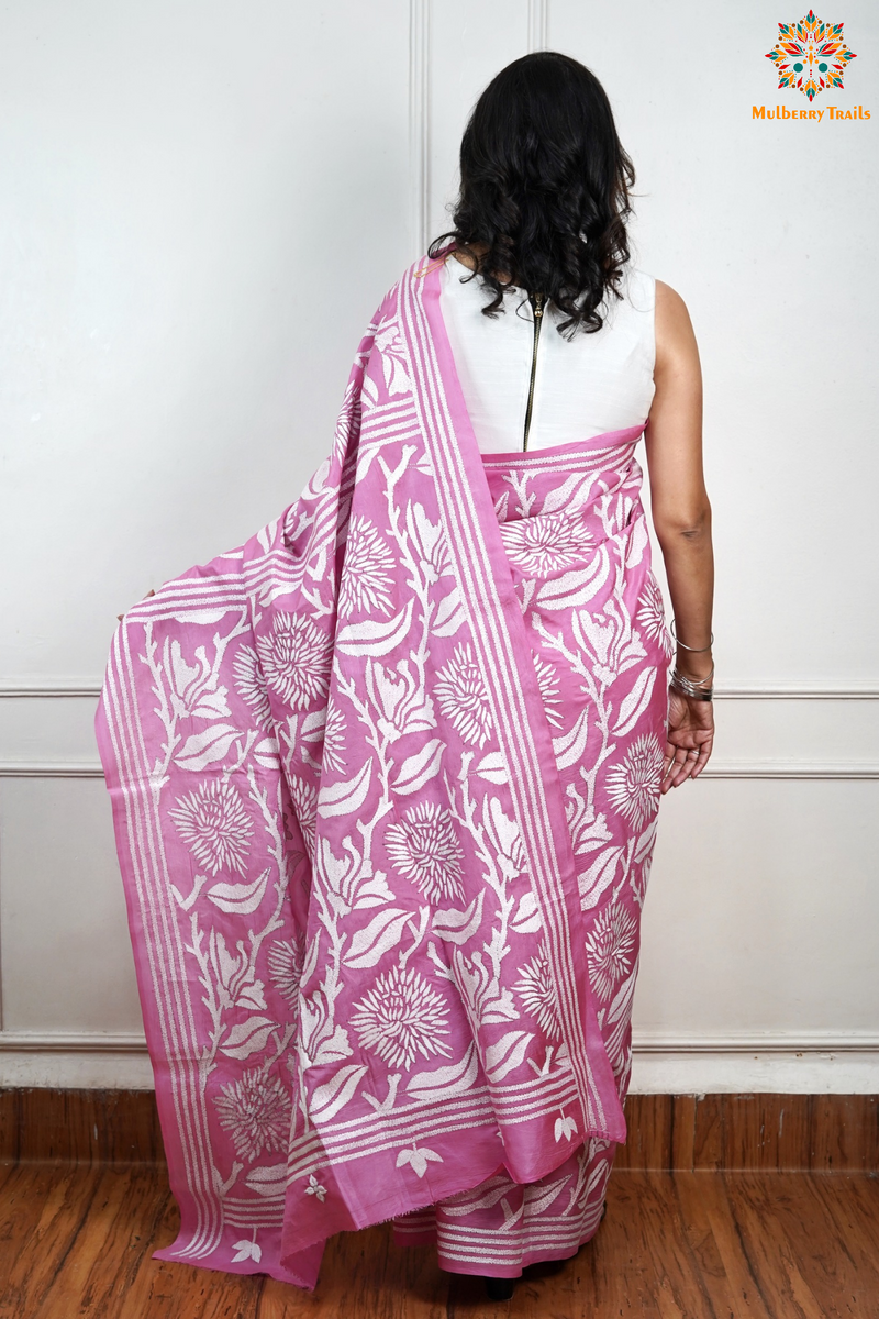 Rima - Pink Silk Saree with floral Embroidery