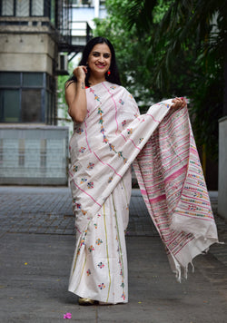 Vipas: Cotton Handloom Saree with Kantha Embroidery