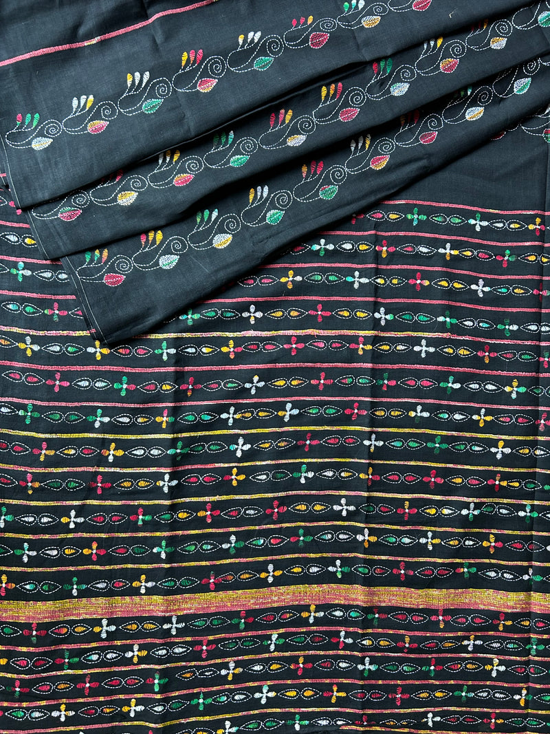 Vipas: Cotton Handloom Saree with Kantha Embroidery - Black