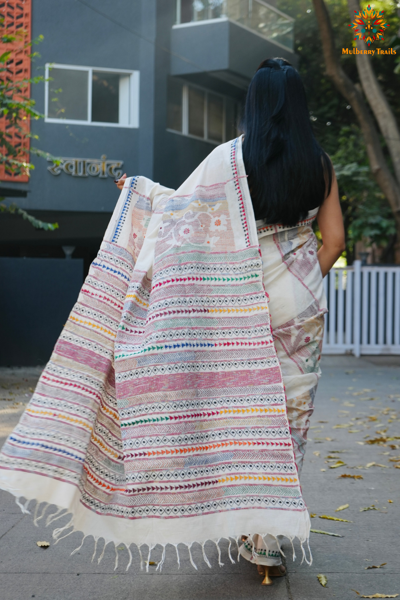 Vipas: Cotton Handloom Saree with Kantha Embroidery