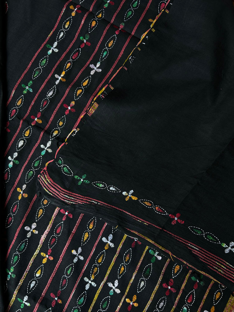 Vipas: Cotton Handloom Saree with Kantha Embroidery - Black