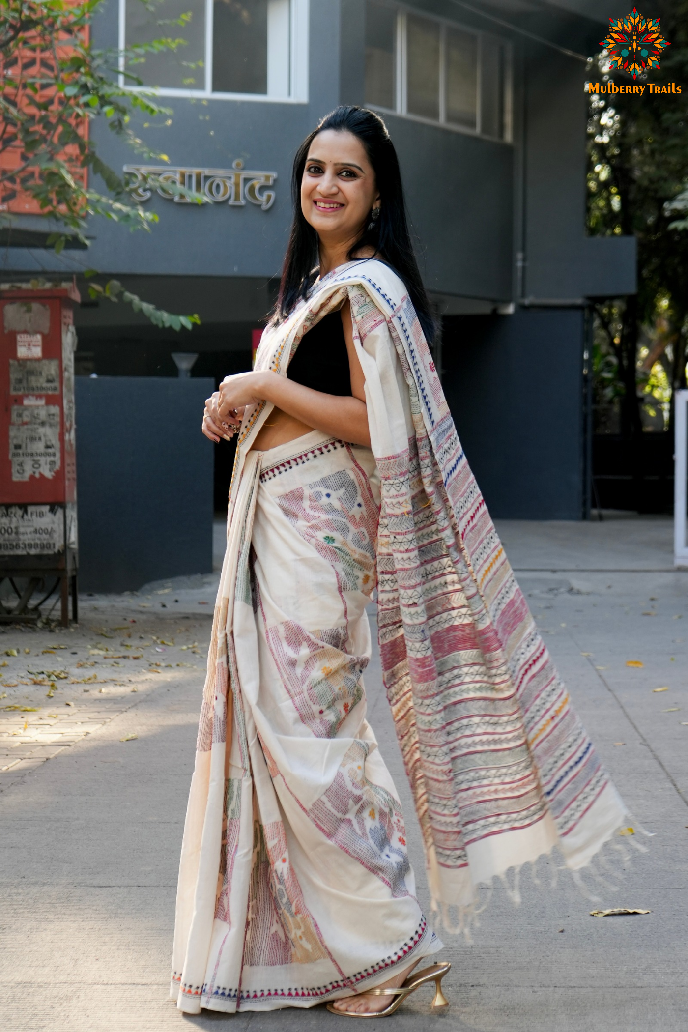 Vipas: Cotton Handloom Saree with Kantha Embroidery