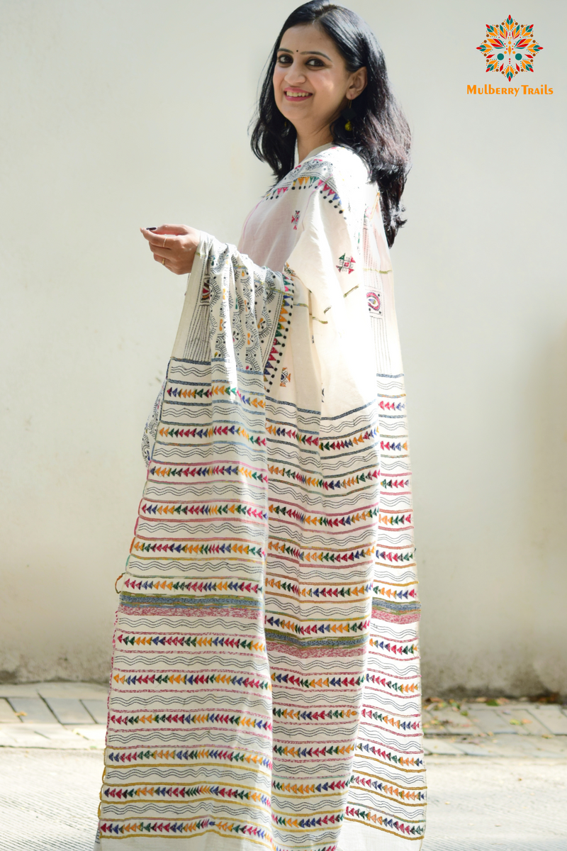 Vipas: Cotton Handloom Saree with Kantha Embroidery