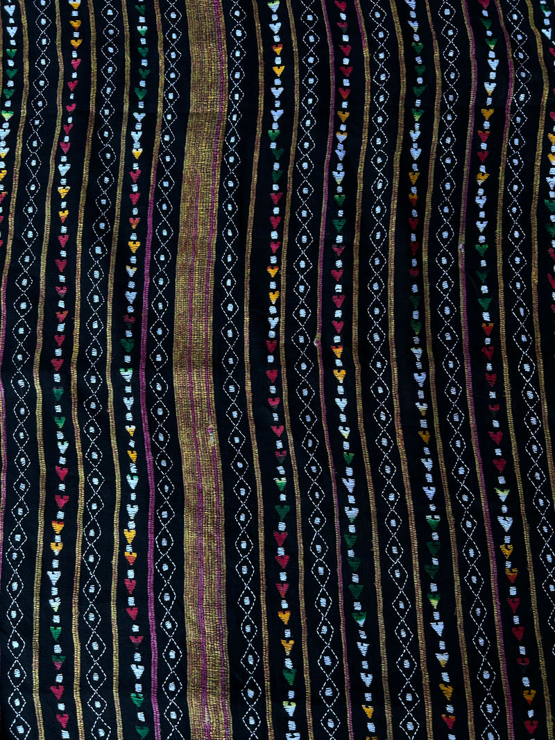 Vipas: Cotton Handloom Saree with Kantha Embroidery - Black