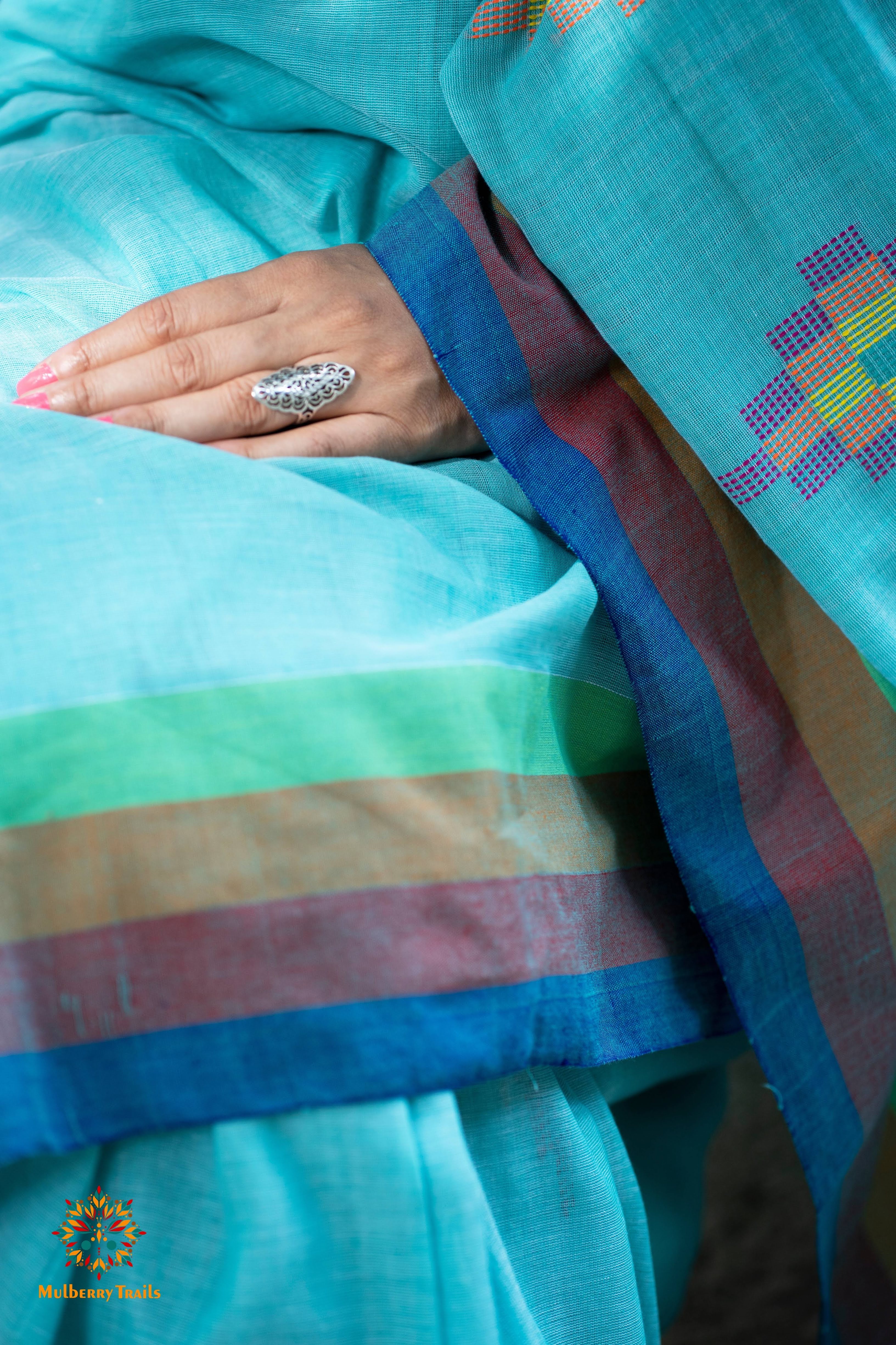 Indradhanu: Cotton Handloom Saree Rainbow Border - Light Blue