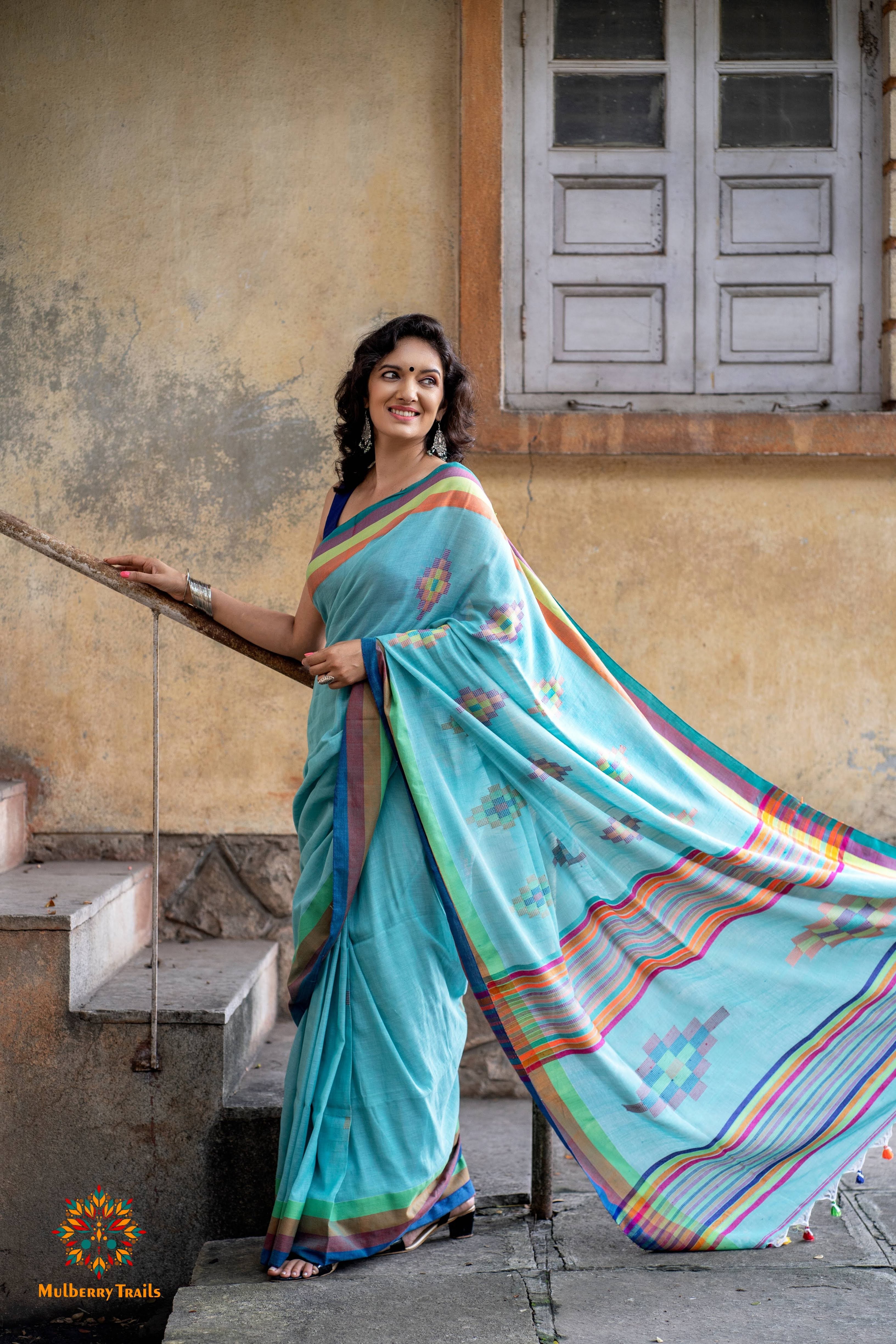 Indradhanu: Cotton Handloom Saree Rainbow Border - Light Blue