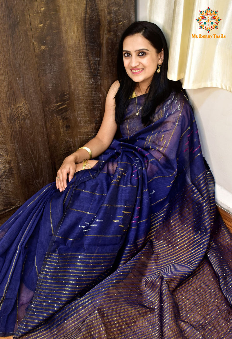 Shivani: Sequin Cotton Silk Handwoven Saree- Navy
