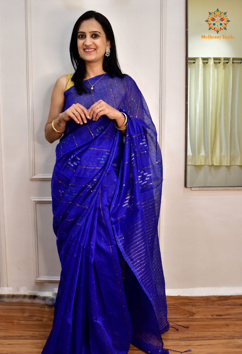 Shivani: Sequin Cotton Silk Handwoven Saree- Royal Blue