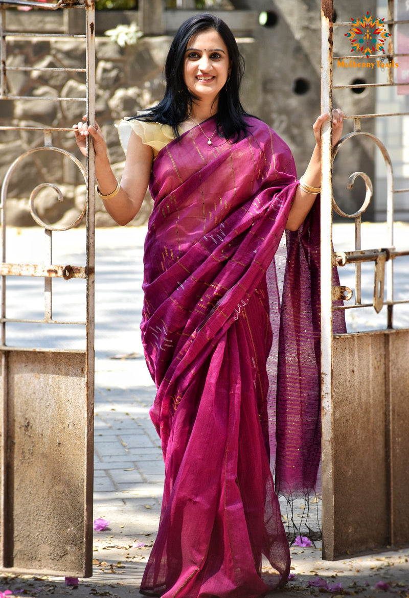 Shivani: Sequin Cotton Silk Handwoven Saree- Violet