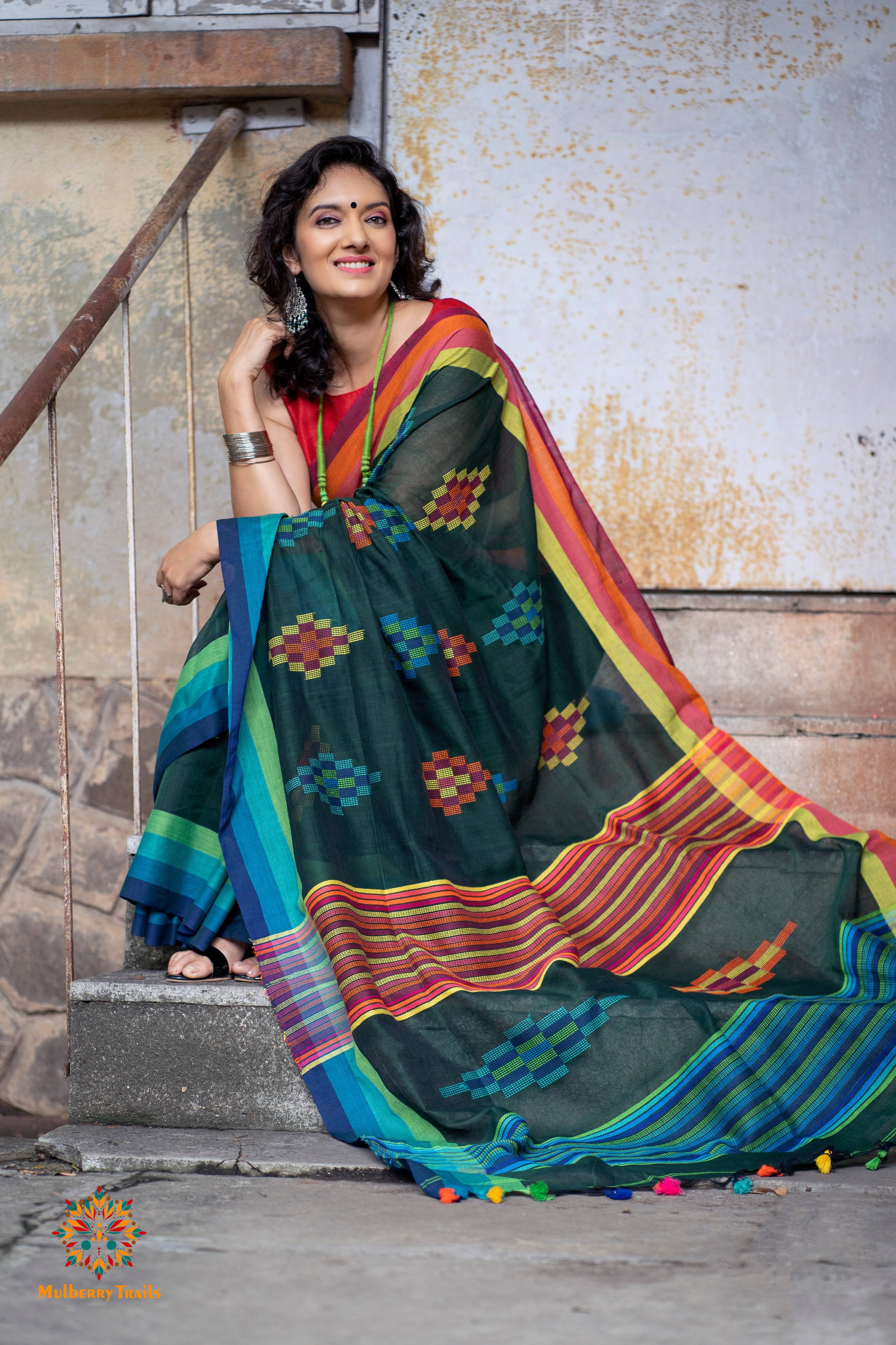 Indradhanu: Cotton Handloom Saree Rainbow Border - Deep Green