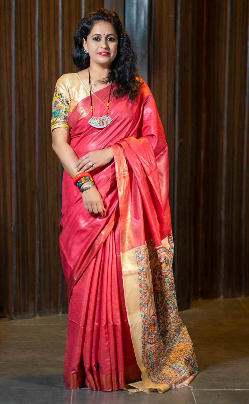 Pavani: Handpainted Madhubani Pallu Saree - Coral