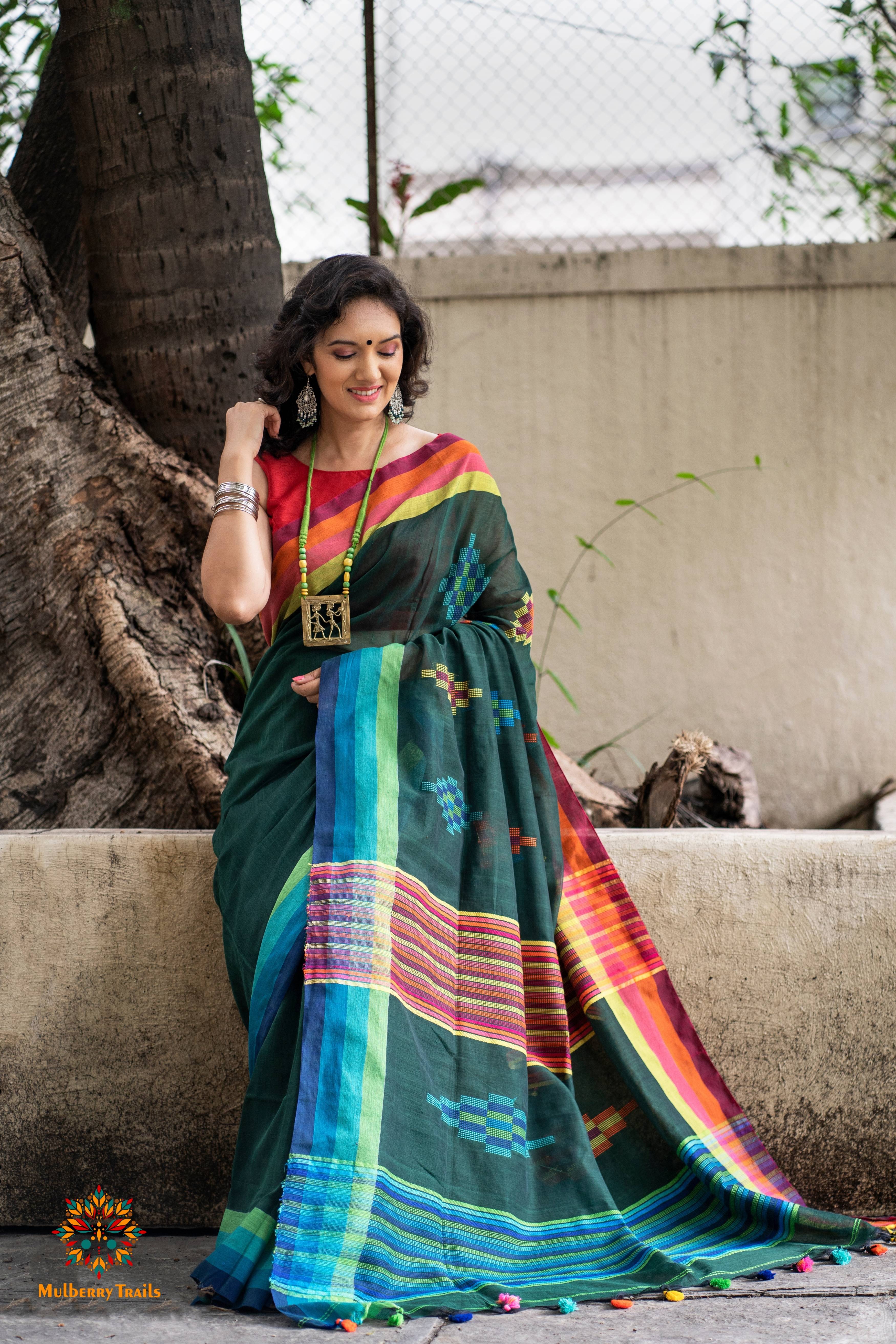 Indradhanu: Cotton Handloom Saree Rainbow Border - Deep Green