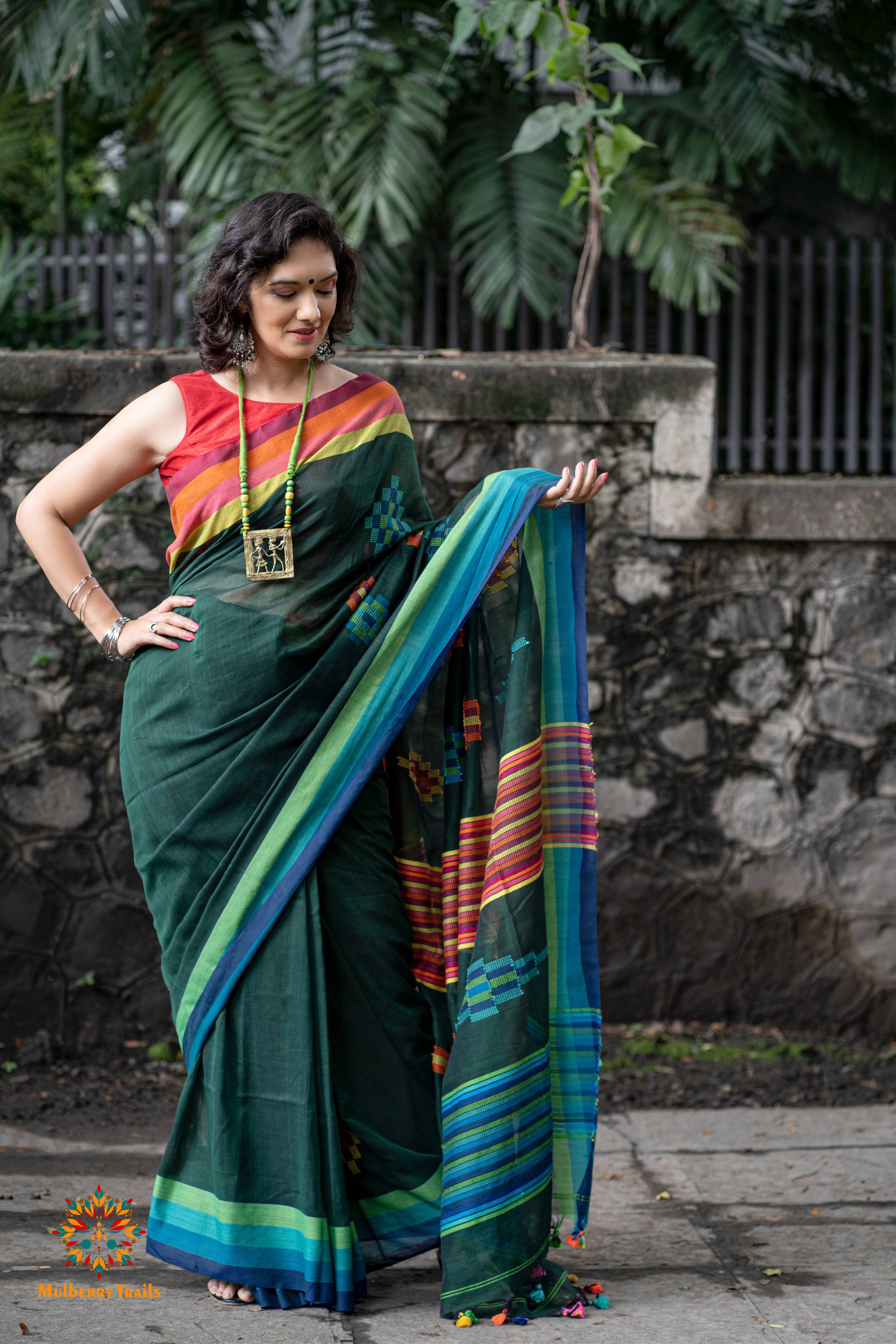 Indradhanu: Cotton Handloom Saree Rainbow Border - Deep Green