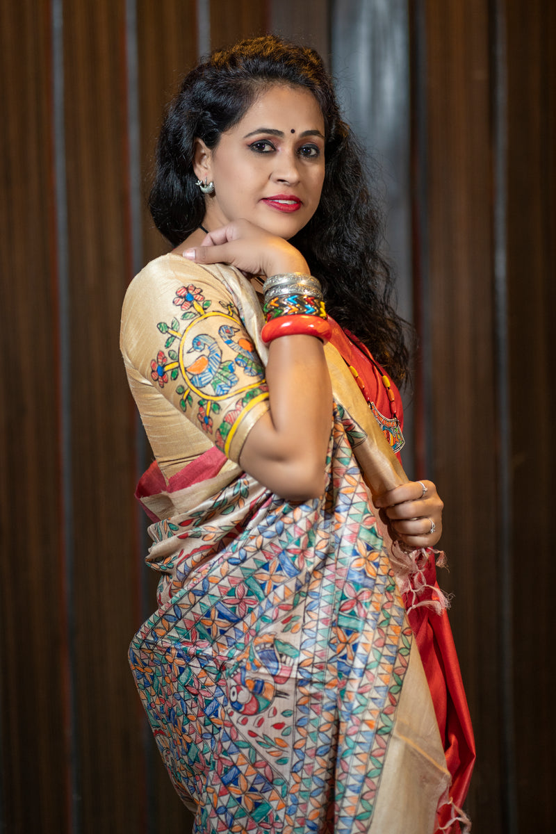 Pavani: Handpainted Madhubani Pallu Saree - Coral