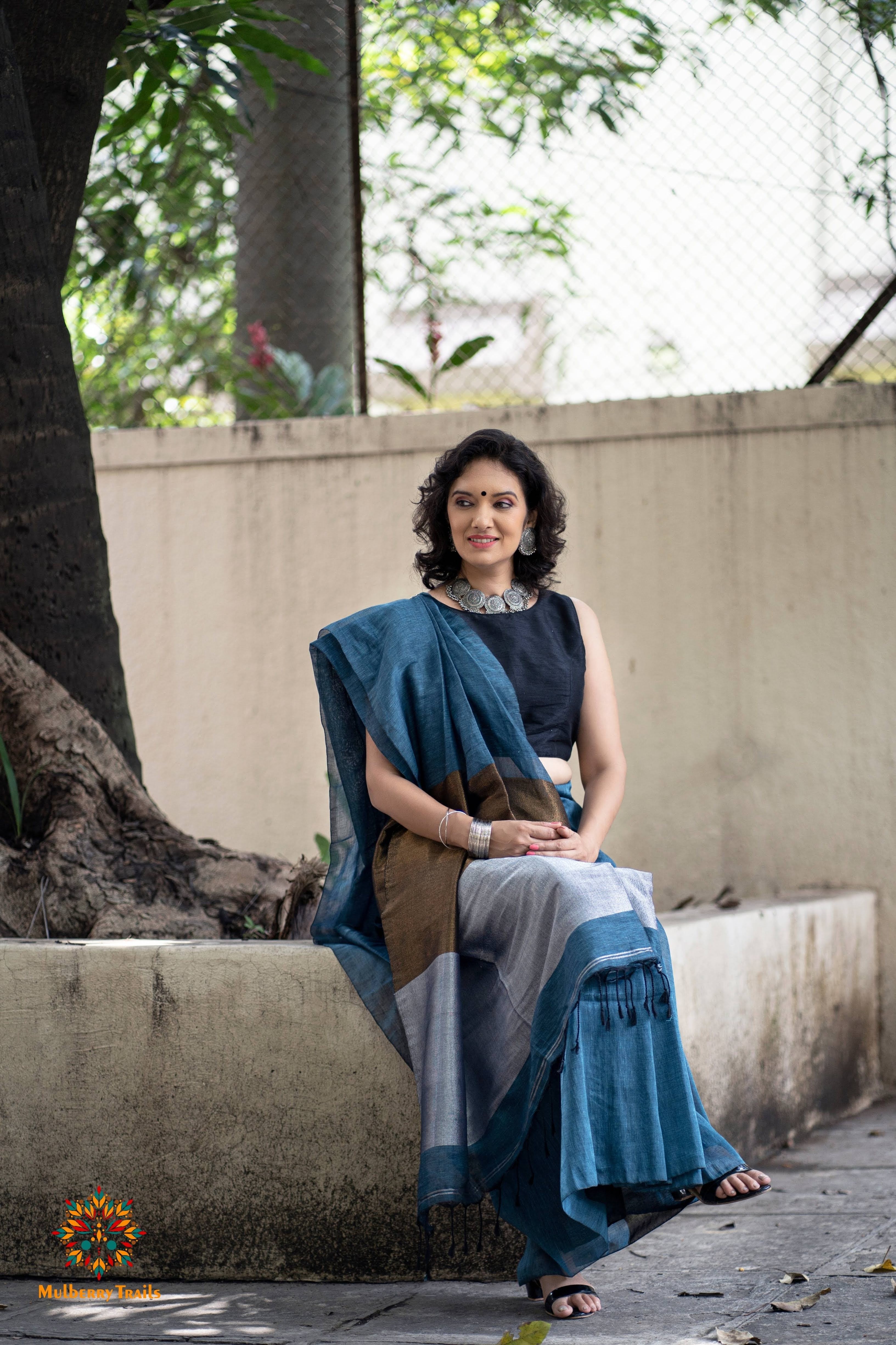 Achala : Cotton Handloom Saree zari pallu - Blue