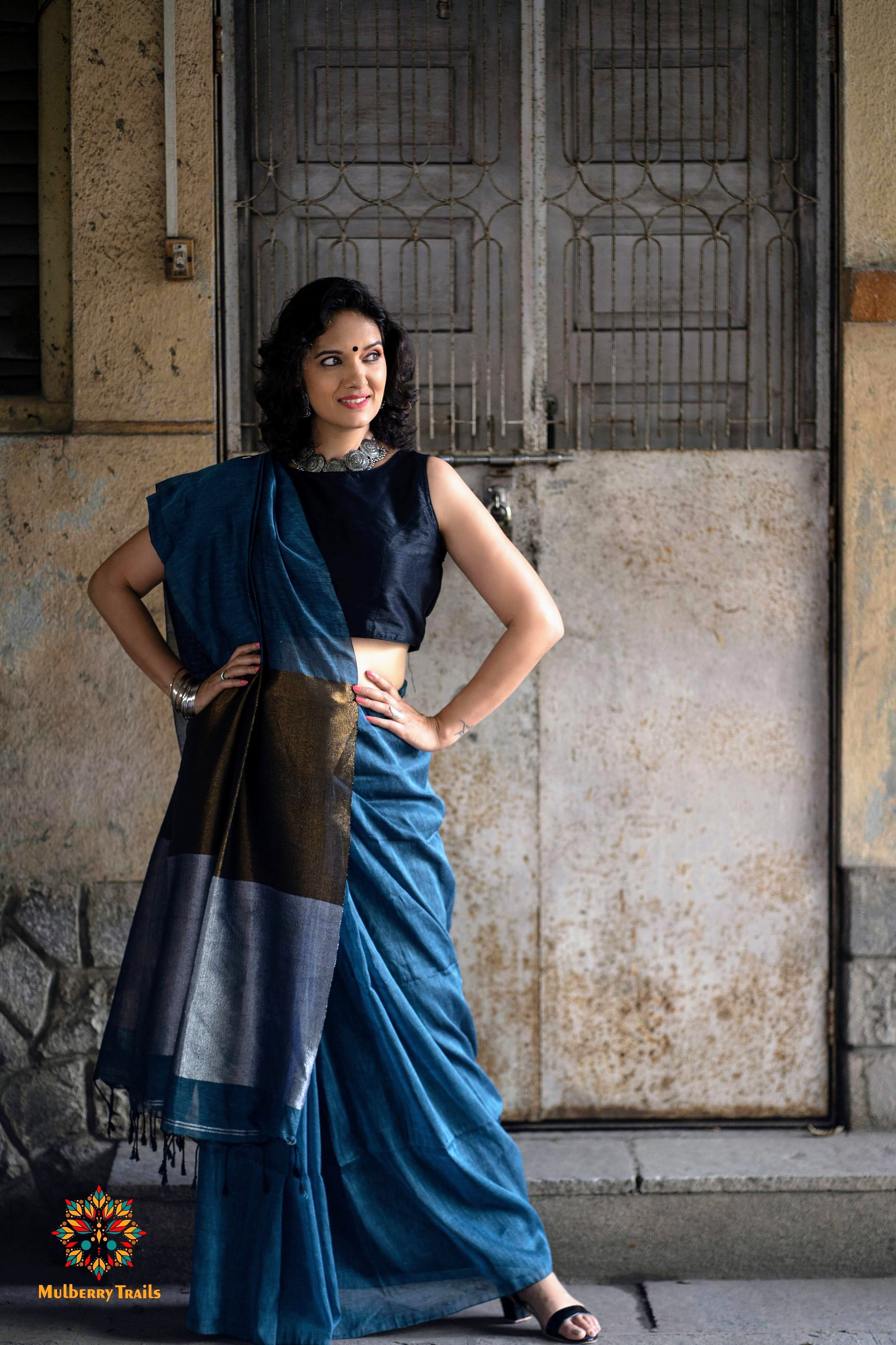 Achala : Cotton Handloom Saree zari pallu - Blue