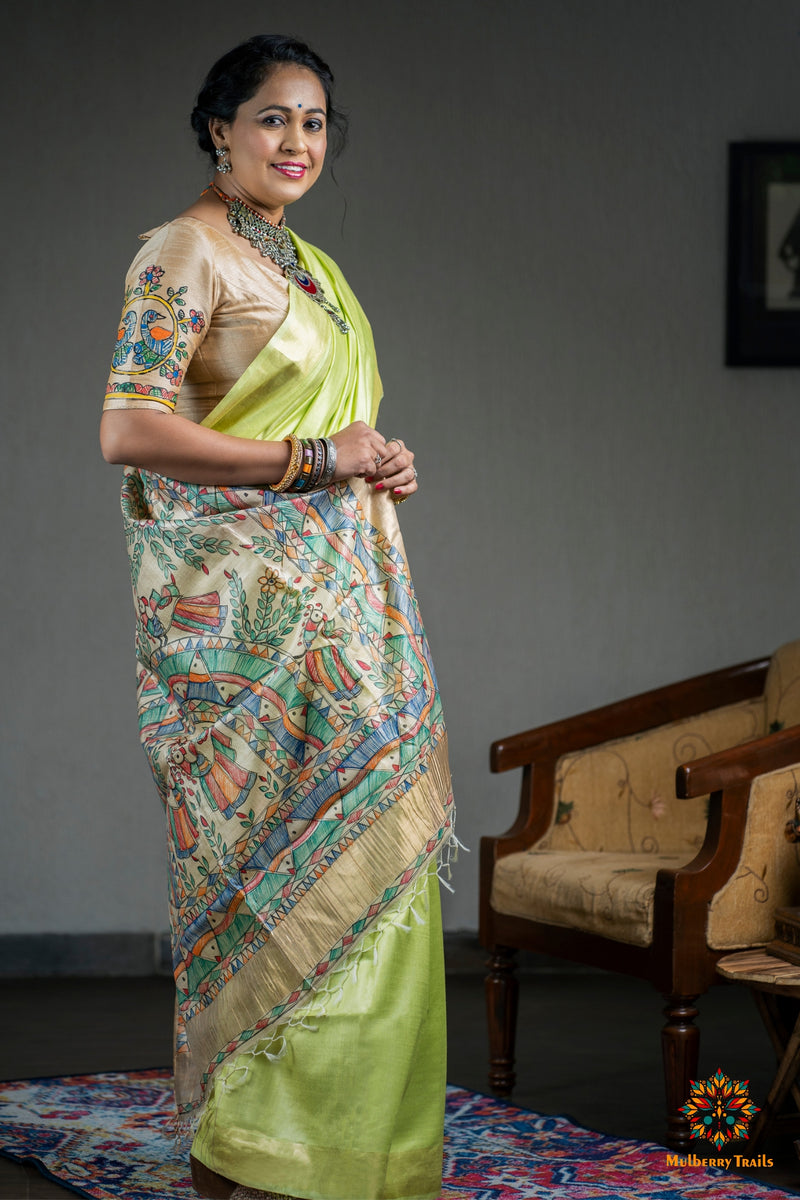 Pavani: Handpainted Madhubani Pallu Saree - Lime Green