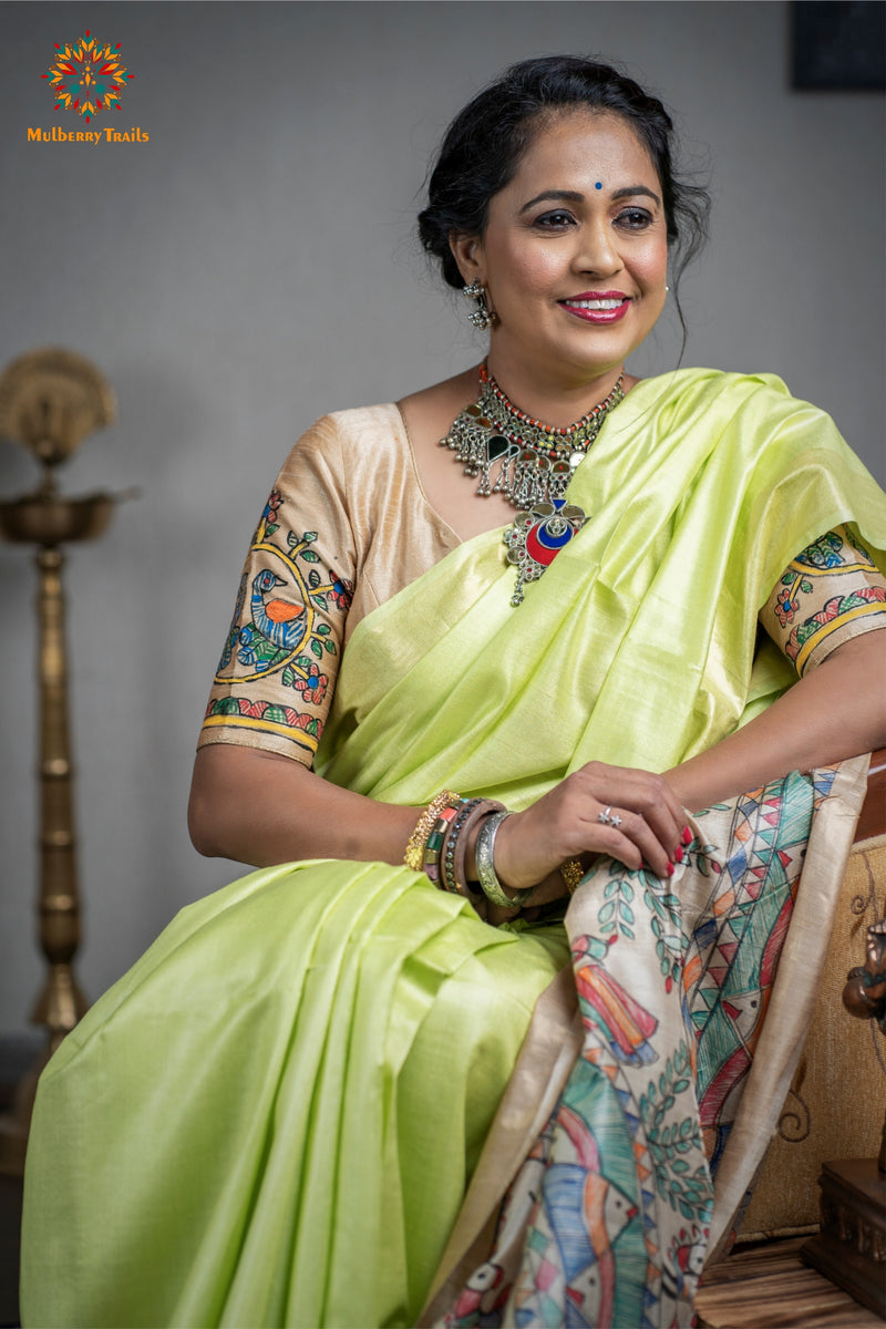 Pavani: Handpainted Madhubani Pallu Saree - Lime Green