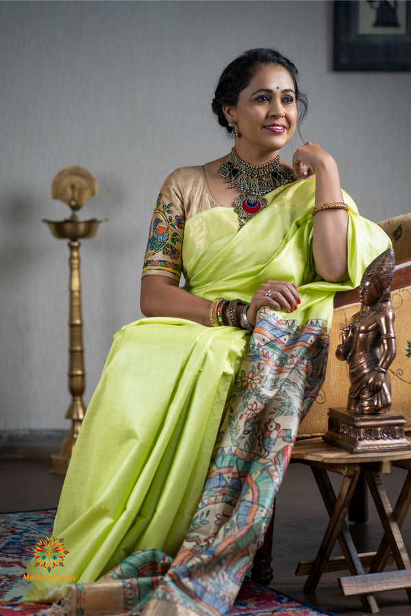 Pavani: Handpainted Madhubani Pallu Saree - Lime Green