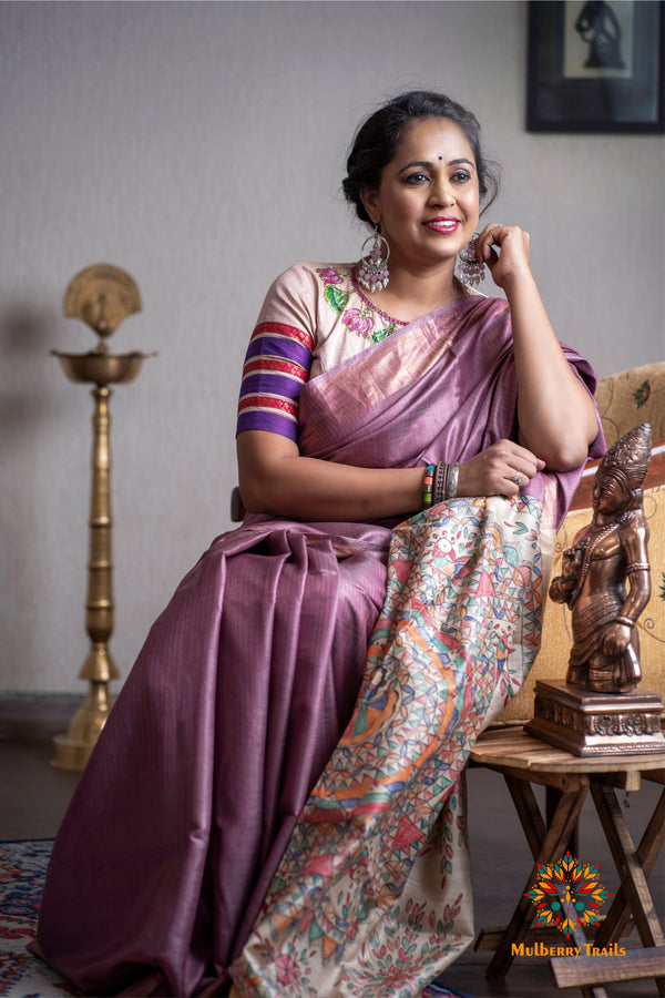 Pavani: Handpainted Madhubani Pallu Saree - Violet