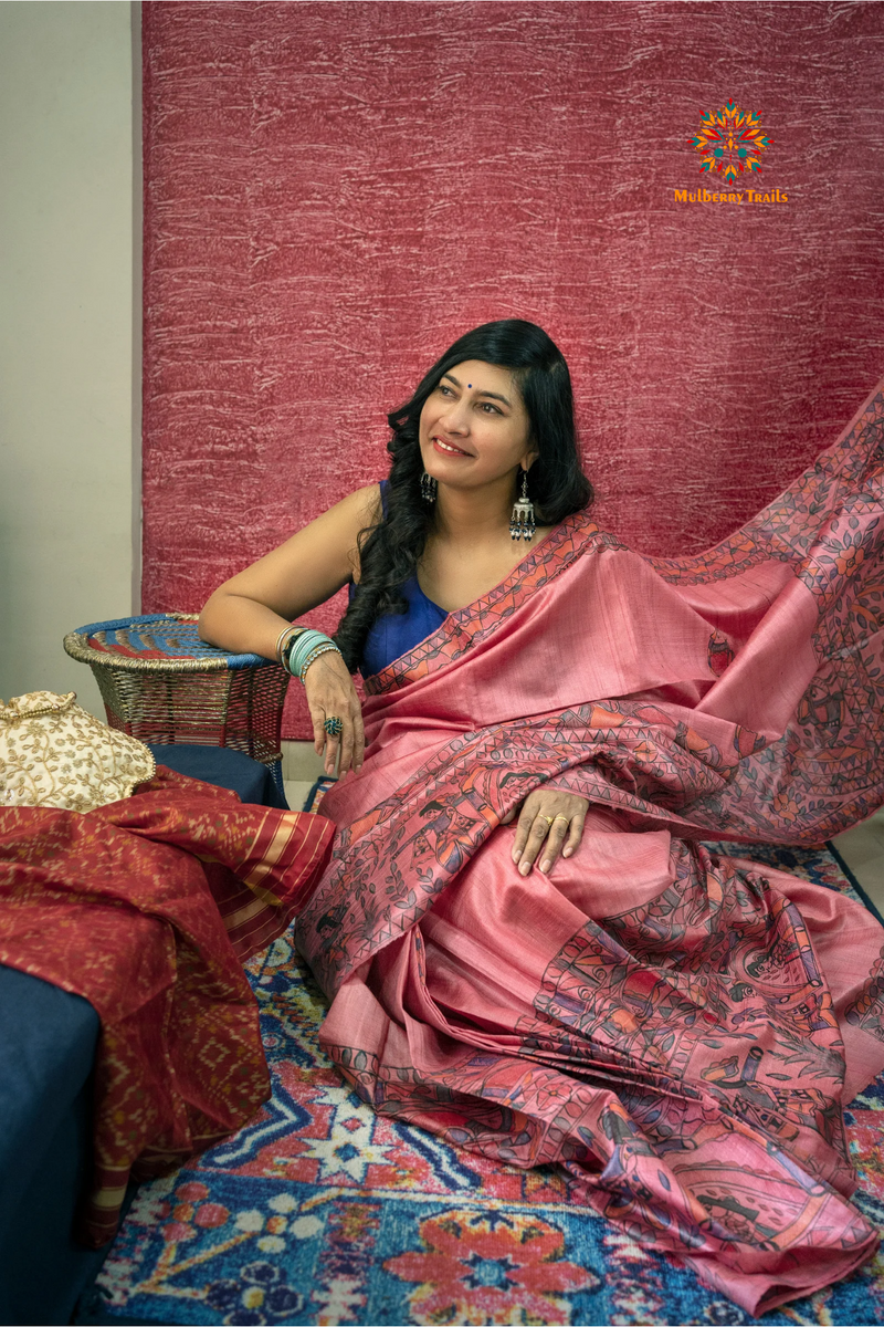 Pure Silk Handpainted Madhubani Saree- Pista