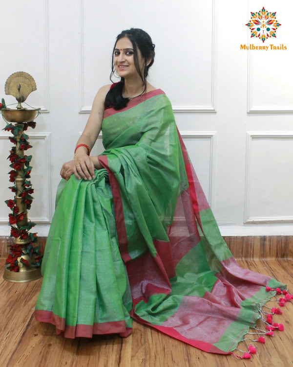 Isha - Green Tissue Cotton Saree