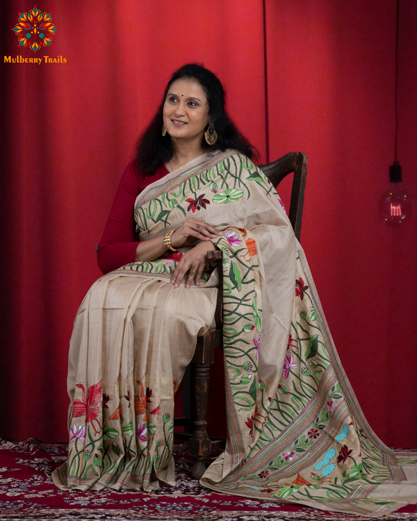 Rima - Pure Tusser Silk Kantha Embroidery Saree
