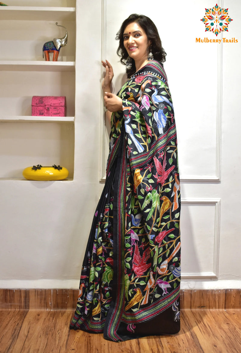 Rima - Bangalore silk Pakhi Kantha Embroidery Saree